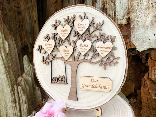 Personalised Grandchildren Family Tree Log Slice - Next Day Delivery Available