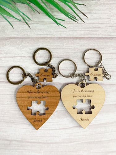 Personalised Him and Hers Wooden Heart Key Ring With Jig Saw Piece 