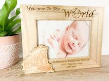 Load image into Gallery viewer, Personalised Newborn Baby Natural Wood Photo Frame with Steam Train