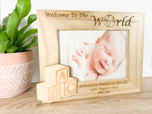 Load image into Gallery viewer, Personalised Newborn Baby Natural Wood Photo Frame With Building Blocks