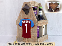 Load image into Gallery viewer, Personalised Wooden Beer Caddy With Coloured Football Shirt | Unique Dad Gift
