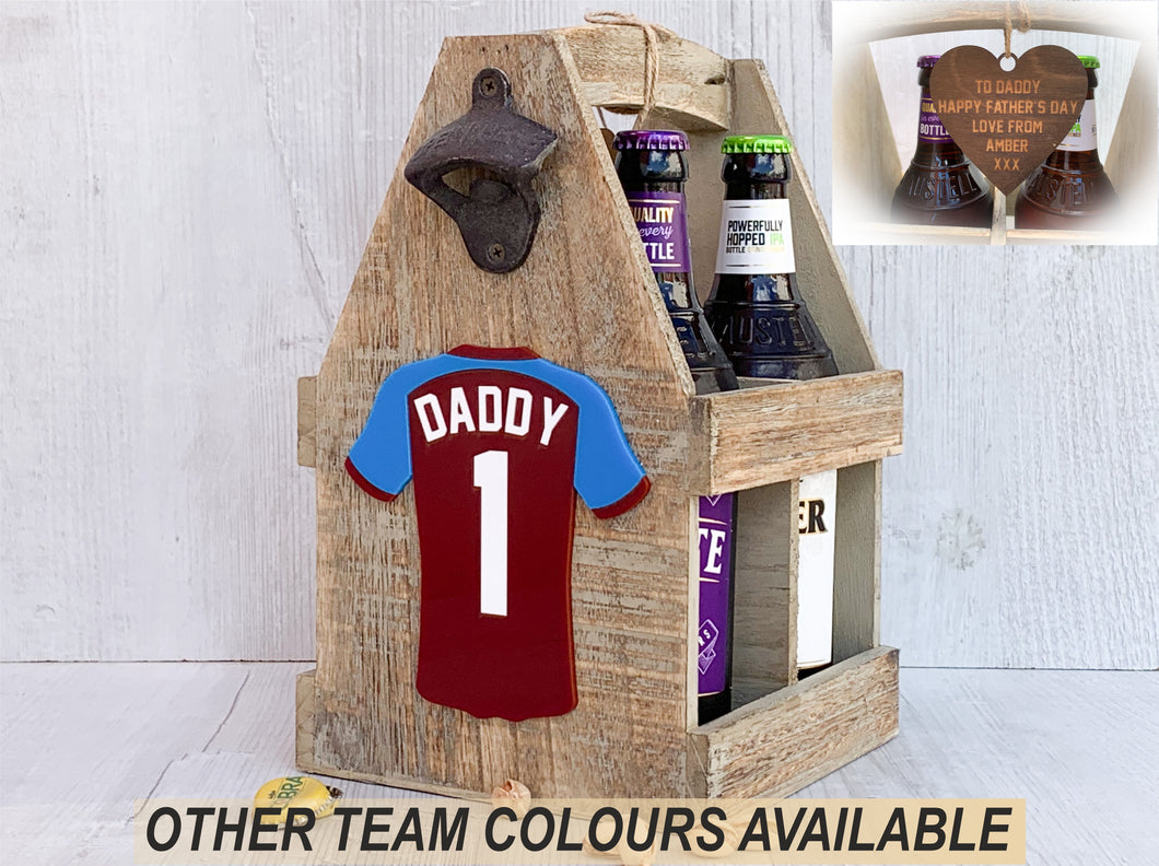 Personalised Wooden Beer Caddy With Coloured Football Shirt | Unique Dad Gift