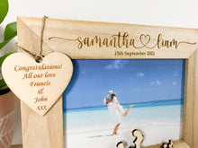 Load image into Gallery viewer, Personalised Engagement Bridge Natural Wood Photo Frame - Heart Style