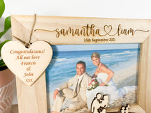 Load image into Gallery viewer, Personalised Wedding Bride & Groom Natural Wood Photo Frame - Heart Style