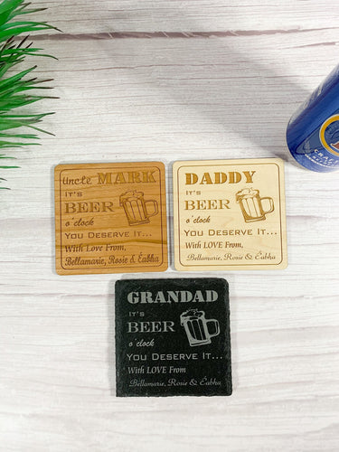 Personalised Beer O'clock Wooden/Slate Drinks Coaster  