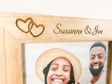 Load image into Gallery viewer, Personalised Linked Hearts Engagement Natural Wood Photo Frame