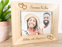 Load image into Gallery viewer, Personalised Linked Hearts Engagement Natural Wood Photo Frame