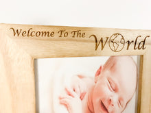 Load image into Gallery viewer, Personalised Newborn Baby Natural Wood Photo Frame with Steam Train