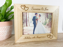 Load image into Gallery viewer, Personalised Linked Hearts Wedding Natural Wood Photo Frame