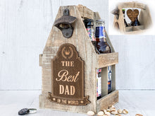 Load image into Gallery viewer, Personalised Best Dad Four Beer Bottle Caddy With Rustic Bottle Opener