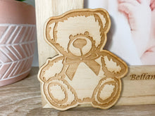 Load image into Gallery viewer, Personalised Newborn Baby Natural Wood Photo Frame With Teddy Bear