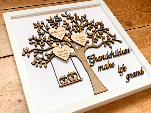 Personalised Grandchildren Wooden Family Tree Frame, Laser Engraved Custom Hearts With laser engraved Grandchildren Names & date of birth