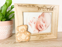 Load image into Gallery viewer, Personalised Newborn Baby Natural Wood Photo Frame With Teddy Bear