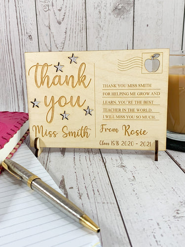 Personalised Thank You Wooden Post Card - Great Teachers Gift!