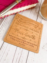 Load image into Gallery viewer, Personalised World's Greatest Teacher Wooden Coaster