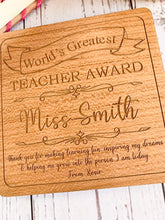 Load image into Gallery viewer, Personalised World's Greatest Teacher Wooden Coaster
