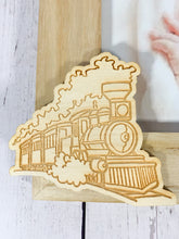 Load image into Gallery viewer, Personalised Newborn Baby Natural Wood Photo Frame with Steam Train