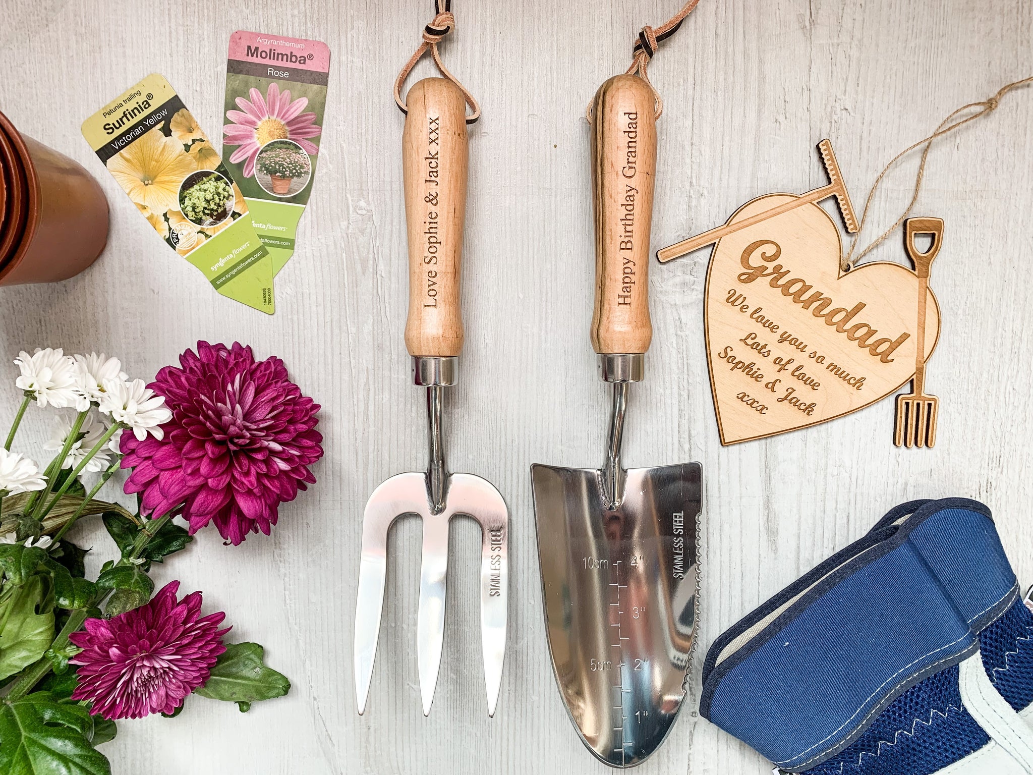 personalised garden trowel Personalised Gardening Fork and Trowel Set With Wooden Sign