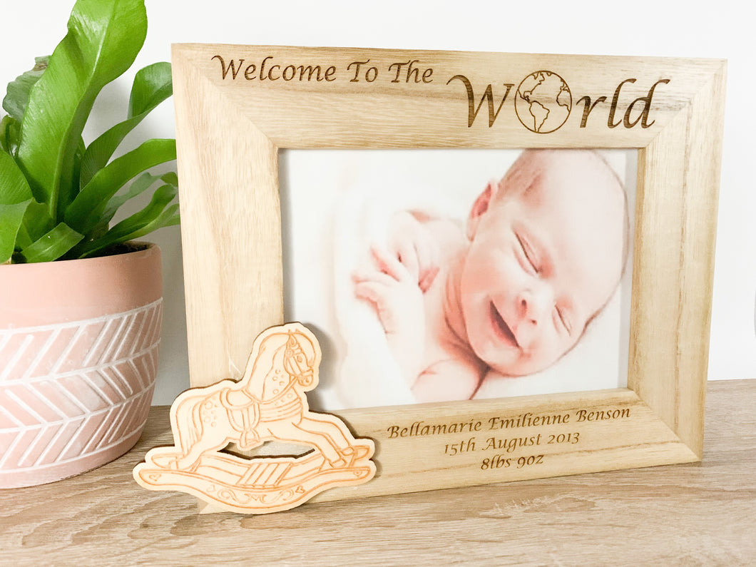 Personalised Newborn Baby Natural Wood Photo Frame With Rocking Horse