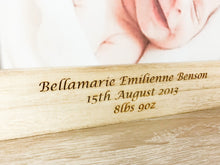 Load image into Gallery viewer, Personalised Newborn Baby Natural Wood Photo Frame With Rocking Horse
