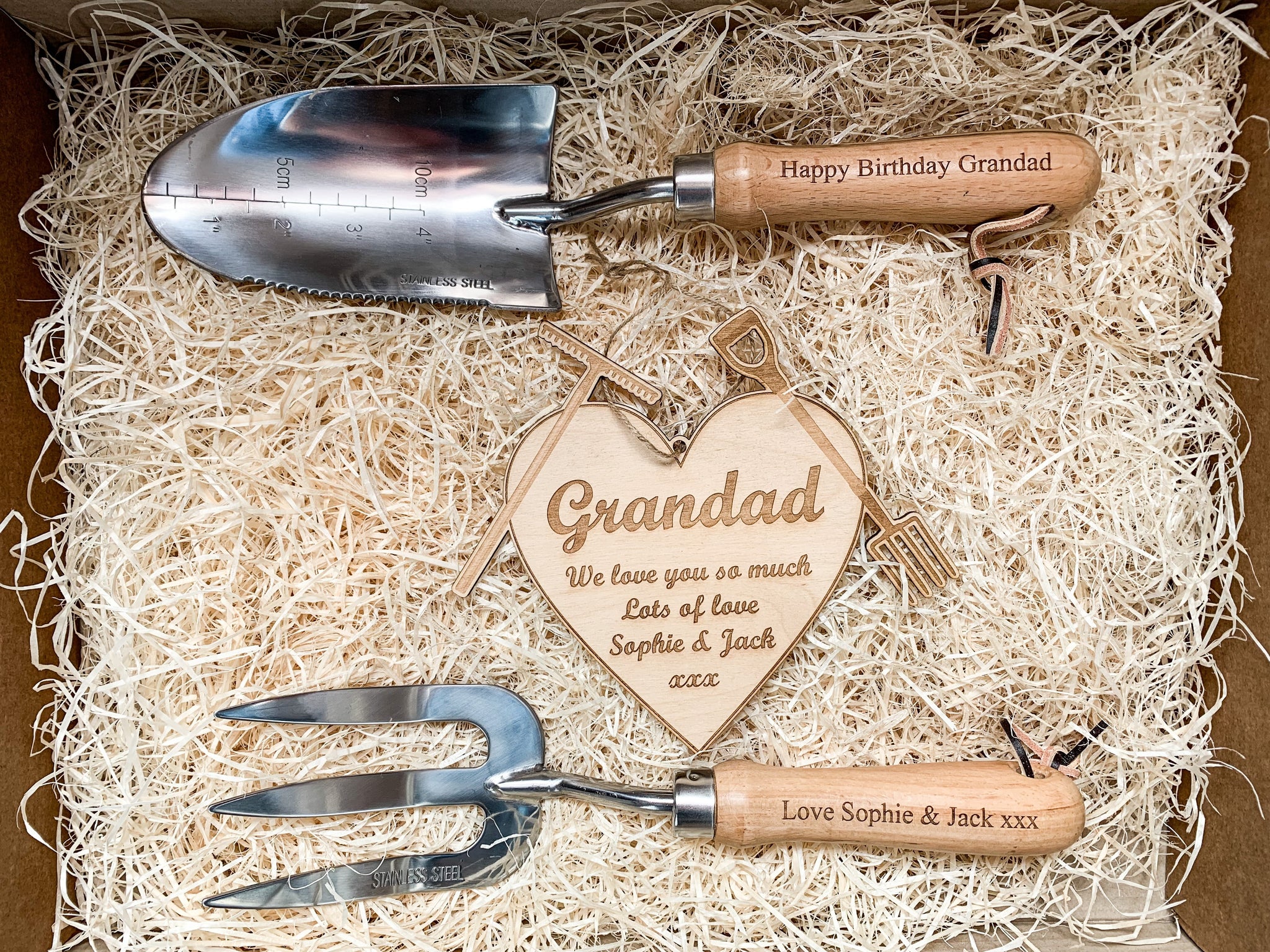 personalised garden trowel Personalised Gardening Fork and Trowel Set With Wooden Sign