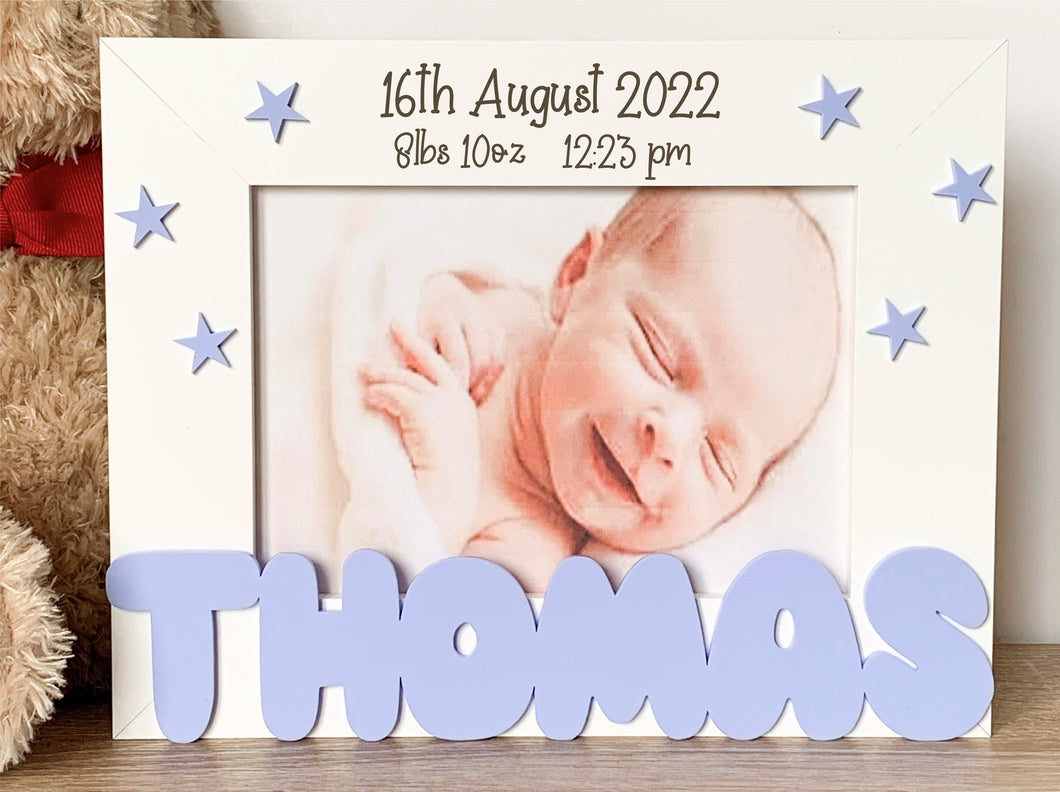 Personalised Newborn Baby Blue & White Photo Frame With Birth Details