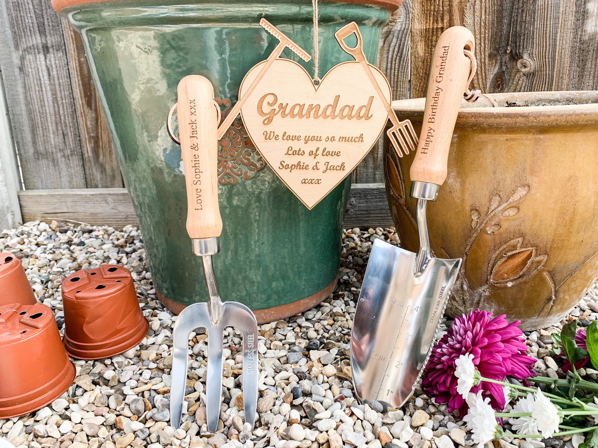 personalized garden trowel Personalised Gardening Fork and Trowel Set With Wooden Sign