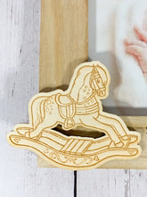 Load image into Gallery viewer, Personalised Newborn Baby Natural Wood Photo Frame With Rocking Horse
