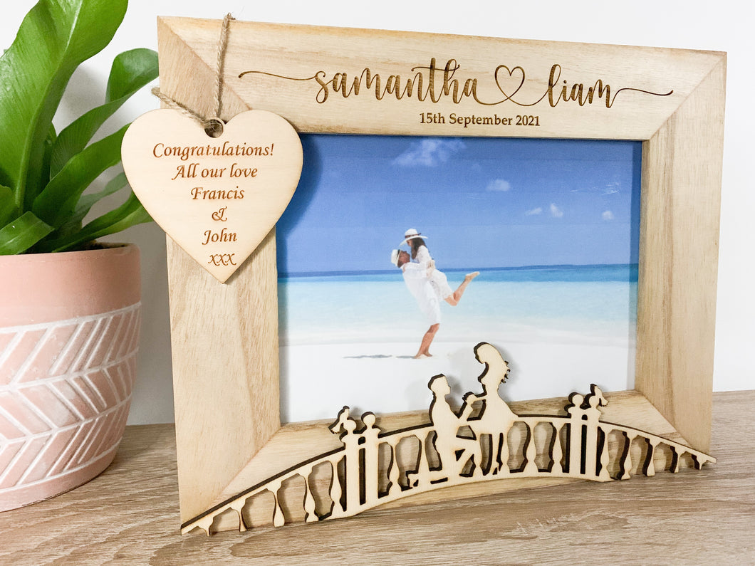 Personalised Engagement Bridge Natural Wood Photo Frame - Heart Style